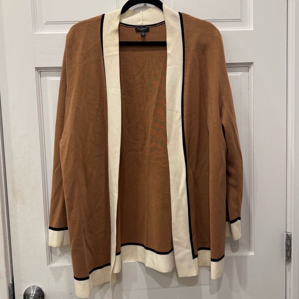 Talbots Open Front Cardigan 2XP Plus Petite Brown White Colorblock Cotton Rayon - Picture 1 of 9
